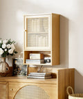 Rattan Bamboo Over The Toilet Wall Cabinet With Adjustable Inside Shelf And Open Lower Shelf Space Saver For Bathroom Kitchen Hallway Living Room Totally Great For Small Spaces And Daily Use installed on wall above a wooden console.
