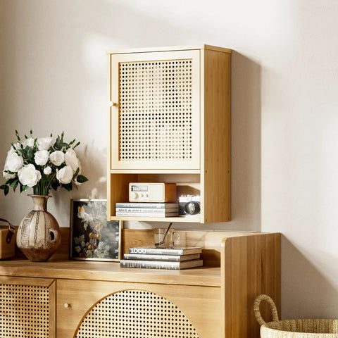Rattan Bamboo Over The Toilet Wall Cabinet With Adjustable Inside Shelf And Open Lower Shelf Space Saver For Bathroom Kitchen Hallway Living Room Totally Great For Small Spaces And Daily Use installed on wall above a wooden console.