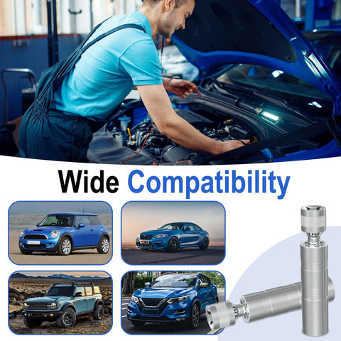 Mechanic uses 14mm and 16mm spark plug socket set with 3/8 inch drive, shown with compatible car models.