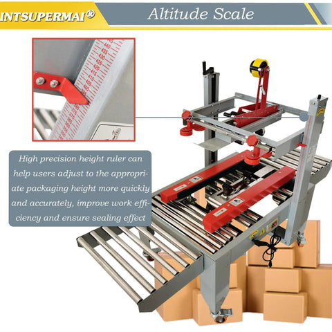 Crush Your Shipping Rush Like A Boss With This Smooth Auto Carton Sealer Machine For Quick Box Taping showing adjustable height ruler for packaging.