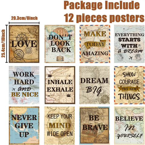 12 Piece Travel The Map Wall Art Set For Classroom And Home Decor Inspirational World Travel Posters Bulletin Board Social Studies Prints 8x10 Unframed Cool For Kids Nursery Homeschool Kindergarten showing maps and motivational text.