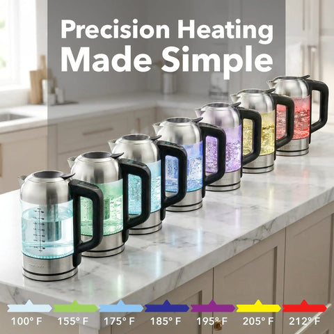 Digital Glass Electric Kettle With Temperature Control, 1.8L Cordless Tea Kettle, 7 Presets display on kitchen counter