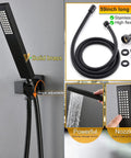 Sleek Matte Black Ceiling Rain Shower System With 24X32 Inch Led Spray Head, Thermostatic Mixer Valve, Adjustable Body Jets And Three Way Waterfall Mist Spray For A Top Shelf Bathroom Glow Up with a solid brass handheld nozzle and flexible hose.
