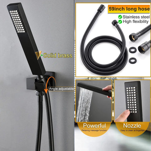 Sleek Matte Black Ceiling Rain Shower System With 24X32 Inch Led Spray Head, Thermostatic Mixer Valve, Adjustable Body Jets And Three Way Waterfall Mist Spray For A Top Shelf Bathroom Glow Up with a solid brass handheld nozzle and flexible hose.