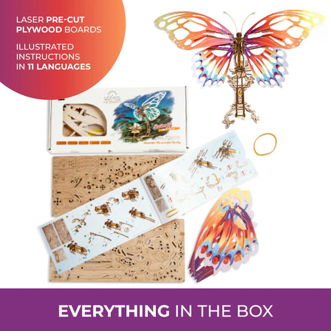 Butterfly 3D Wooden Puzzle Kit For Adults And Teens, Laser Cut Mechanical Model, Easy To Assemble Home Decor, Chill Out Wooden Craft For Relaxation And Mindful Fun, 168-piece plywood kit with instructions and assembled butterfly