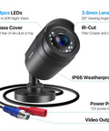 Four Pack 1080P HD TVI Wired Security Cameras Featuring Spot On Clarity And Rugged Weatherproof Bullets Quick No Sweat Installation To Watch Over Your Property Indoors Or Outdoors For Top Shelf Coverage, showing closeup of camera with lens and ports.