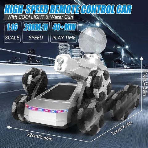 All Terrain One Sixteenth Scale Remote Control Car For Kids And Teens Eight Wheel Stunt Monster Truck Toy RC Car For Boys Ages Four Through Fourteen Plus Awesome Christmas Birthday Gift Durable Off Road Fun displayed in action on a city street at night.