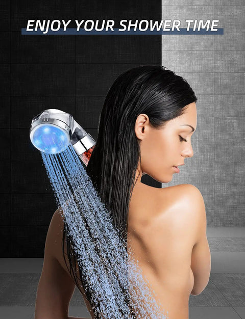Person using Southwestern Brushed Three Setting Shower Head With Chrome Finish Three Spray Modes For Spa Like Rinse