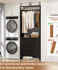 Black 7.2 Ft Wood Closet System Organizer, Set of 4 Modular Wardrobe Units with Hanging Rods in a laundry room setting.