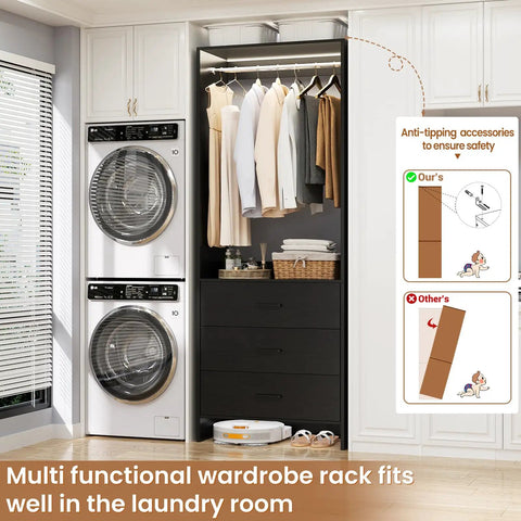 Black 7.2 Ft Wood Closet System Organizer, Set of 4 Modular Wardrobe Units with Hanging Rods in a laundry room setting.