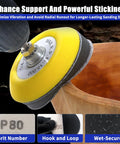 3-inch yellow hook-and-loop sanding disc installed on a drill, side view, showing gray abrasive edge and metal hub
