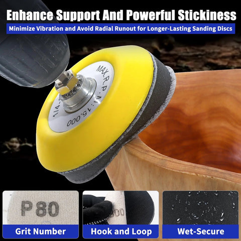3-inch yellow hook-and-loop sanding disc installed on a drill, side view, showing gray abrasive edge and metal hub