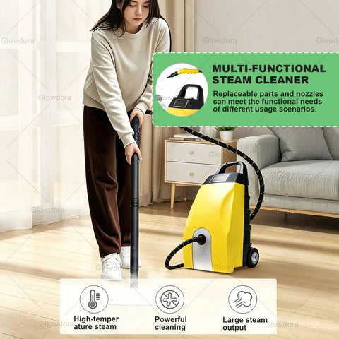 Heating In 30 Sec For Fast Cleaning This Heavy Duty 3000W Steam Cleaner Features A 3.5L Tank And Hits 180 Degrees Celsius For Deep Stain Removal Use It On Kitchens Cars Carpets And Ac Units With Nine Accessories For Total Home Hygiene, woman using a yellow steam cleaner in a living room.