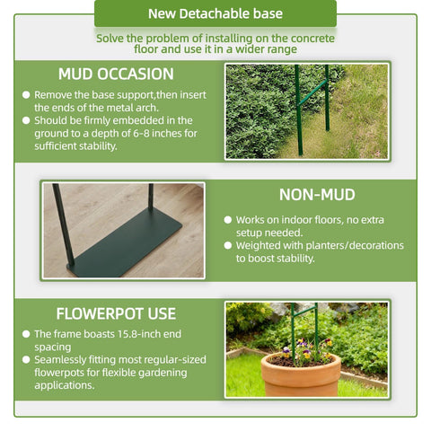 Beefy Thickened Metal Garden Arch With Detachable Base 16mm Rust Resistant Tubing showing mud, non-mud, and flowerpot use.
