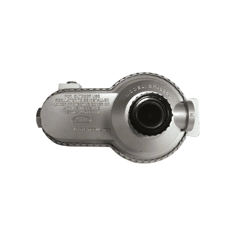 JR Products LP gas regulator, low-pressure two-stage, silver metal housing, front view