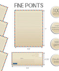 Vintage Airmail Stationery Set With Envelopes, 100-piece, letter size 8.5x11, double-sided lined paper, dimensions shown