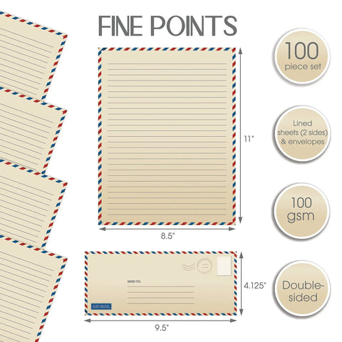 Vintage Airmail Stationery Set With Envelopes, 100-piece, letter size 8.5x11, double-sided lined paper, dimensions shown