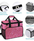 Sparkling Pink Glitter Insulated Picnic Backpack Tote Bag 30L with detachable handle and double zippers on display