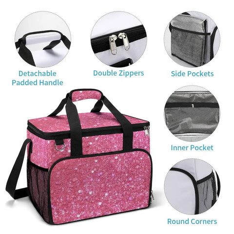Sparkling Pink Glitter Insulated Picnic Backpack Tote Bag 30L with detachable handle and double zippers on display
