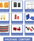 All In One RC Connector Kit For RC Models Diy Featuring T Plug EC3 XT60 Servo Plugs And Crimp Pins With 14 AWG Silicone Wire Heat Shrink Tubes Includes 22 AWG Cables And 111 Pieces Plug And Play Ready package contents displayed