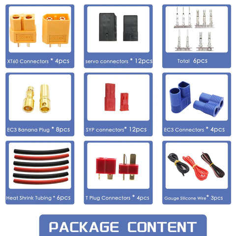 All In One RC Connector Kit For RC Models Diy Featuring T Plug EC3 XT60 Servo Plugs And Crimp Pins With 14 AWG Silicone Wire Heat Shrink Tubes Includes 22 AWG Cables And 111 Pieces Plug And Play Ready package contents displayed
