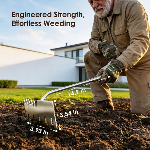 Man using Six Tooth Dual Head Weed Puller Tool Upgraded 2026 Portable Manual Weeding Tool For Gardening And Farming, Stainless Steel Hand Rake