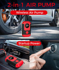 All In One Portable Tire Inflator And Jump Starter Kit with LED Light shown in use with a car tire and engine, featuring wireless air pump and startup power.