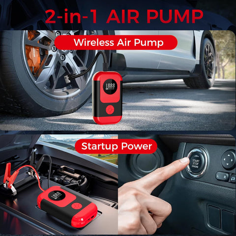 All In One Portable Tire Inflator And Jump Starter Kit with LED Light shown in use with a car tire and engine, featuring wireless air pump and startup power.