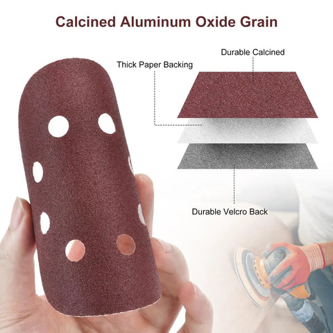 5 Inch Sanding Discs Kit showcasing calcined aluminum oxide grain and backing layers for DIY woodworking and finishing.