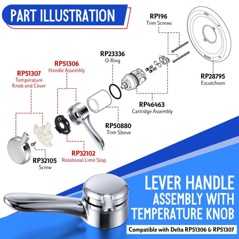 Slick Chrome Metal Lever Handle Kit For Delta 17 Shower Valve Swap Dual Function Faucet Control Smooth Operation with Temperature Knob