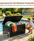 Man using Beefy 258 Gallon Resin Deck Box With Lockable Patio Storage, filled with pool supplies, near a backyard pool.