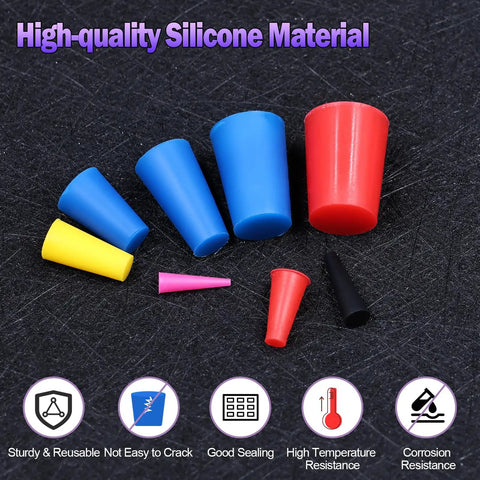 Assorted colored 130 Pcs High Temp Silicone Rubber Stopper Set With 8 Sizes Tapered Plugs for Masking Systems on display