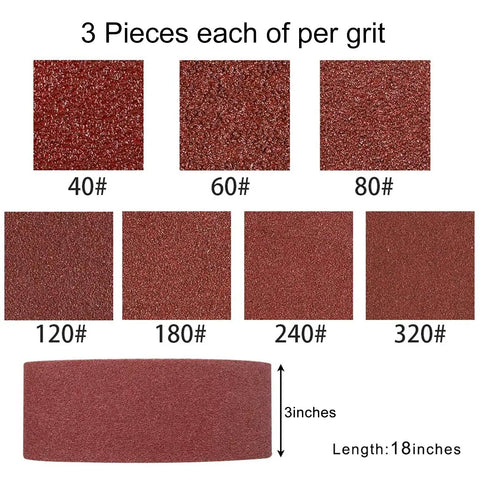 Grit samples of 3X18 Inch Sanding Belt Set With 21 Belts Aluminum Oxide Paper For Sander Woodworking Assorted Grit 40-320