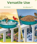 Built Tough Deck Mounted Bird Bath For Balcony Railing With Adjustable Secure Clamp Outdoor Metal Birdbath Lake Blue, shown as bath and feeder.