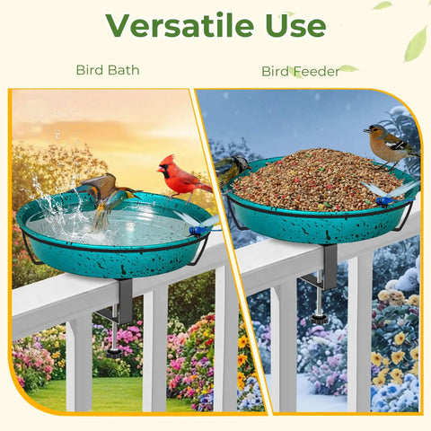 Built Tough Deck Mounted Bird Bath For Balcony Railing With Adjustable Secure Clamp Outdoor Metal Birdbath Lake Blue, shown as bath and feeder.