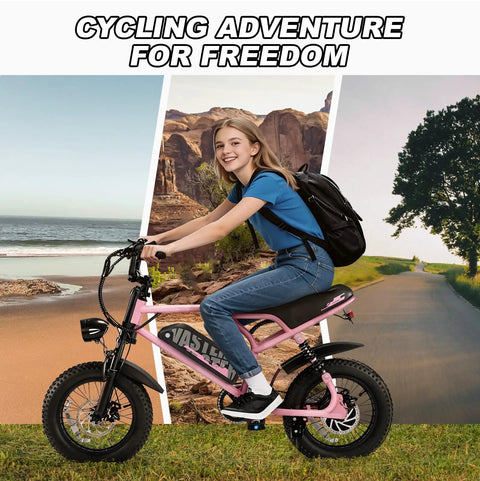 Teen riding 16-Inch Fat Tire Electric Mountain Bike With 800W Peak Motor, Removable Battery, Front Fork Suspension, Black Pink