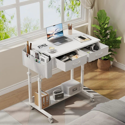 Rolling Mobile Desk With Drawers And Storage Adjustable Height Standing Workstation On Wheels For Small Spaces next to window