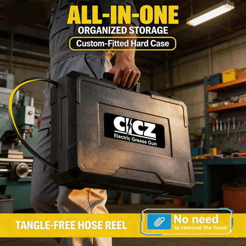 Person holding a case for Electric Cordless Grease Gun With 10000 PSI High Pressure 39 Inch Hose Variable Speed Trigger