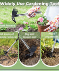 60 Inch Long Handle Weed Puller Tool With Adjustable Lengths From 17 To 60 Inches Heavy Duty 2-In-1 Manual Weed Rake And Garden Hoe in use