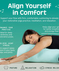 Ultra Plush Yoga Bolster Pillow For Restorative Poses And Meditation, Cushioned With Soft PET Fill, 100 Cotton Cover That Is Washable, Built For Deep Stretches And Cozy Pain Free Practice. Woman resting on light blue rectangular yoga bolster.