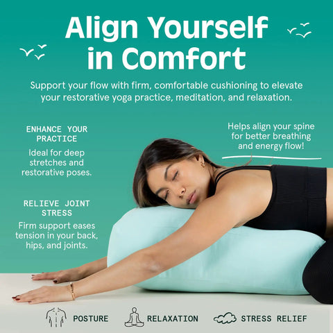 Ultra Plush Yoga Bolster Pillow For Restorative Poses And Meditation, Cushioned With Soft PET Fill, 100 Cotton Cover That Is Washable, Built For Deep Stretches And Cozy Pain Free Practice. Woman resting on light blue rectangular yoga bolster.