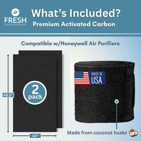 Activated Carbon Prefilter Replacement For R Series Air Purifiers 10x46.5 Inches 2 Pack with USA flag and coconut husks