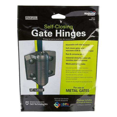 TruClose Narrow Spring Hinges 2-Pack Self-Closing Gate Hardware in black polymer packaging image front view