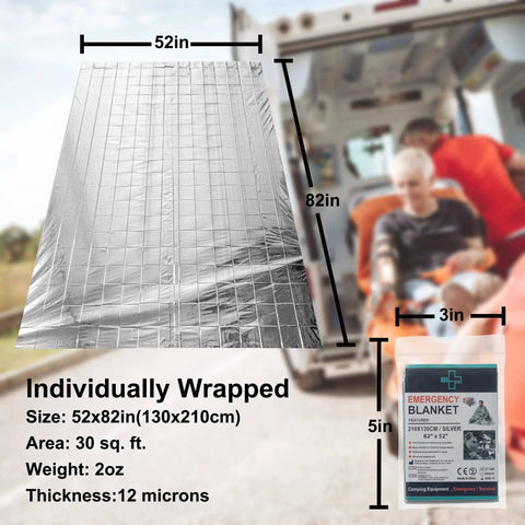 Emergency Silver Foil Mylar Blanket 12 Pack For Outdoors Hiking Survival Marathons And First Aid Kits, size 52x82 inches.