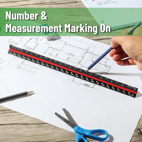 12 Inch Black Architectural Scale Ruler Triangular Aluminum Carpenter Tool With Imperial Marks For Accuracy And Durability on blueprint.