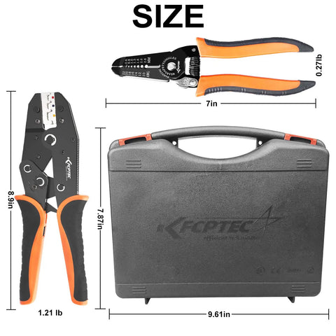 Sizes of 7 Piece Crimping Tool Set With Quick Exchange Jaw And Interchangeable Dies, Wire Stripper, and Durable Carry Case