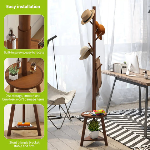 Freestanding Bamboo Coat Rack With Two Shelves And Eight Hooks, Easy Assembly, 12.6 Inch Storage Tray in an office setting.