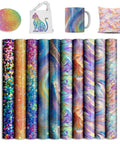 Holographic Sparkle Sublimation Transfer Paper Bundle For Cricut Mug Press Pre Inked 12x12 Inch Sheets Infused Ink For Sublimation Transfers No Edges Or Seams Perfect For Blank Mugs And Do It Yourself Creations, showcasing vibrant colors and seamless designs.