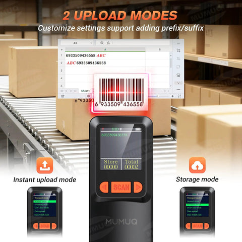 Multi Mode Wireless Barcode Scanner With Bluetooth 1D 2D QR Code Reader 3 In 1 USB 2.4G And LCD Screen showing upload modes