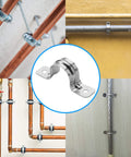 Heavy Duty Pipe Straps Two Hole EMT Conduit Clamps Half Inch Galvanized Steel U Brackets installed on various pipes.